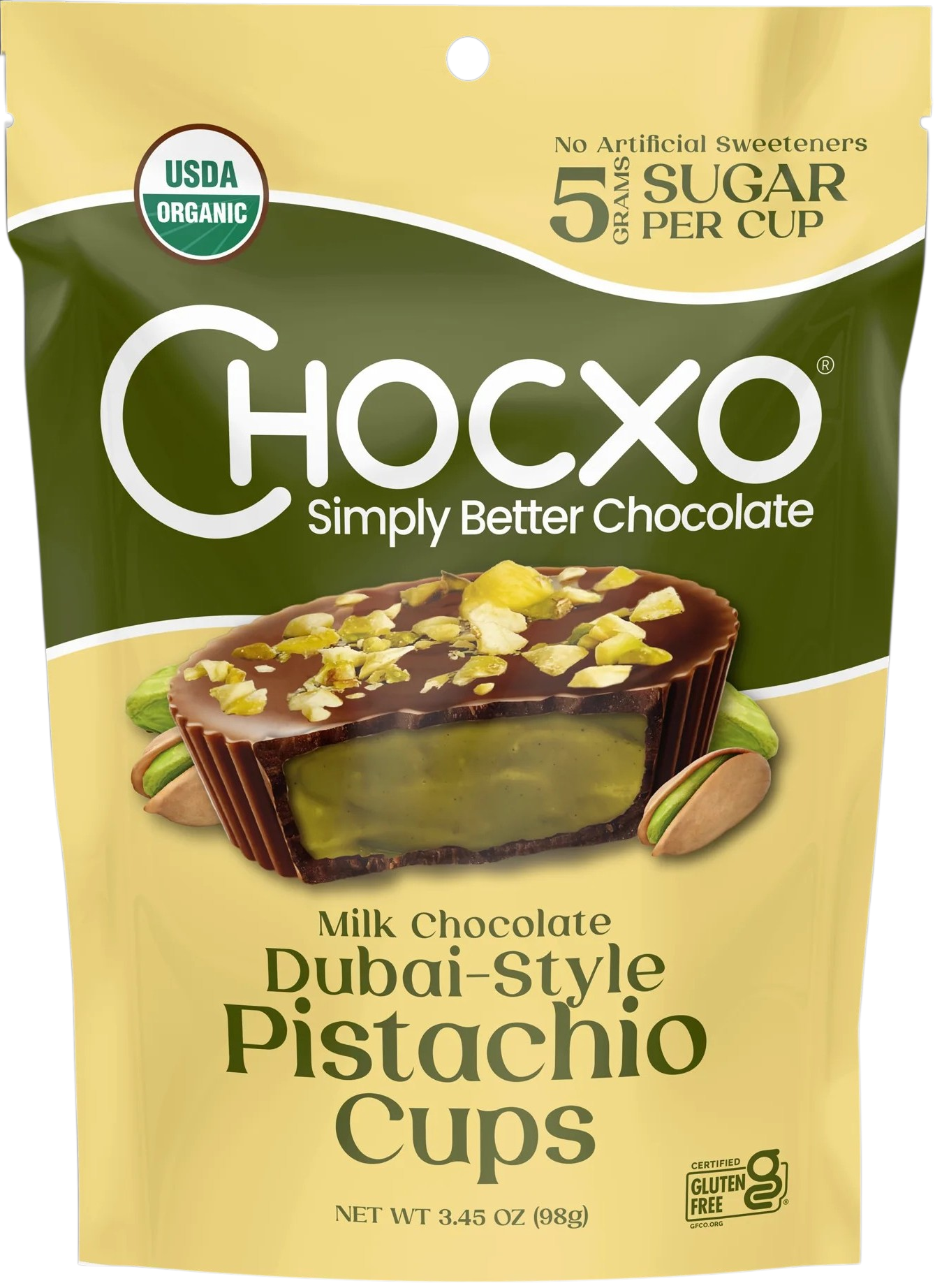 ChocXO Organic Dubai-Style Milk Chocolate Pistachio Cups - Erewhon